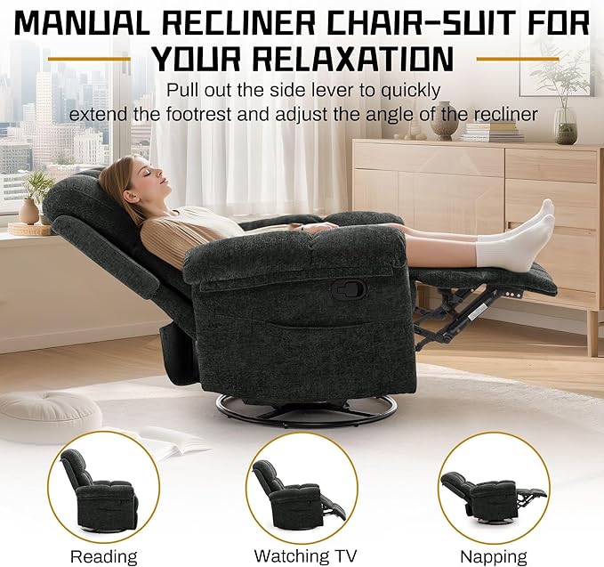 Recliner Chair, Swivel Rocker Recliner Chair for Adults, Small Recliners for Small Spaces, Upholstered Manual Recliner with Side Pockets, Nursery Rocking Chair for Living Room, Chenille, Black