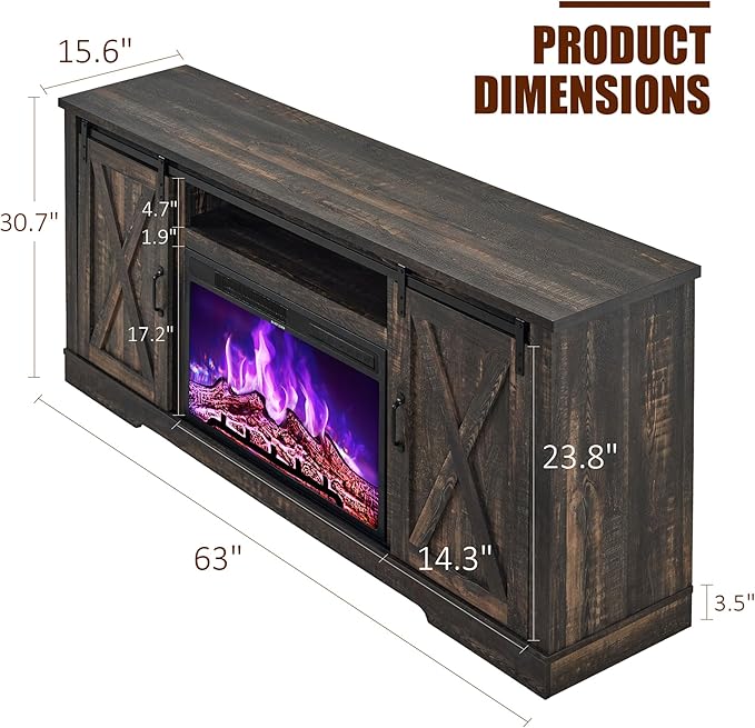 AMERLIFE Fireplace TV Stand with Sliding Barn Door for TVs up to 73", Farmhouse 63" Fireplace Entertainment Center with Storage Cabinets/Adjustable Shelves, Dark Rustic Oak