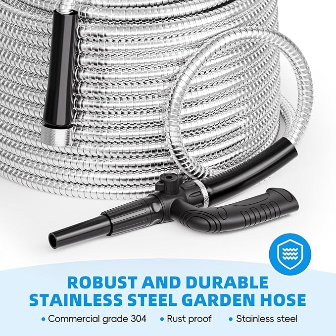 SPECILITE Metal Garden Hose 50ft Heavy Duty 304 Stainless Steel Water Pipe for Yard, Outdoor, RV - Durable, Tough & Flexible, Kink & Tangle Free, Pet-proof, Puncture Resistant with Independent Grip