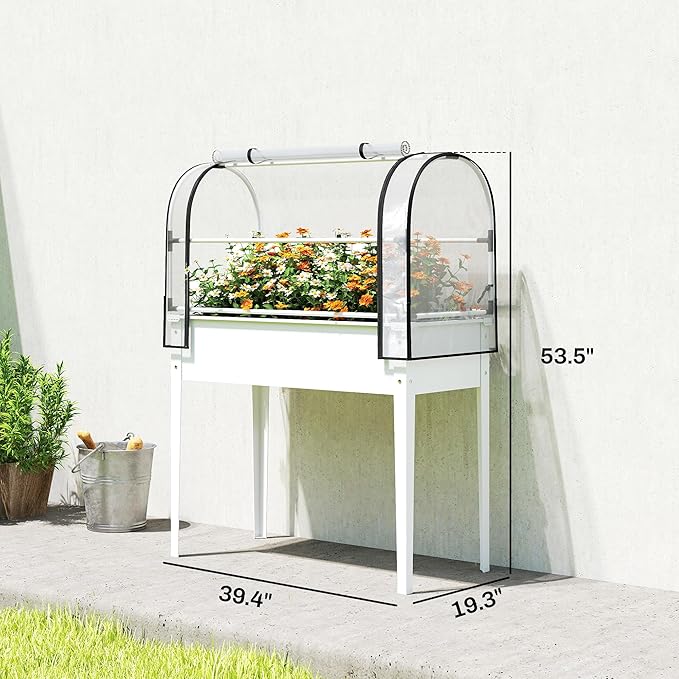 Outsunny Raised Garden Bed with Flip-Up Greenhouse Cover, Metal Elevated Garden Bed with Legs and Drainage Hole, Outdoor Raised Planter Box for Vegetables Herbs Flowers, 39.4" x 19.3" x 53.5", White