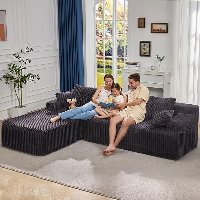 Modular Sectional Sofa Couches L-Shape Couch 3 Seat Modular Sofa Memory Foam Sectional Couches for Living Room, Cloud Couch with Oversized Chaise (Grey Stripe, 108" Left Facing Chaise)