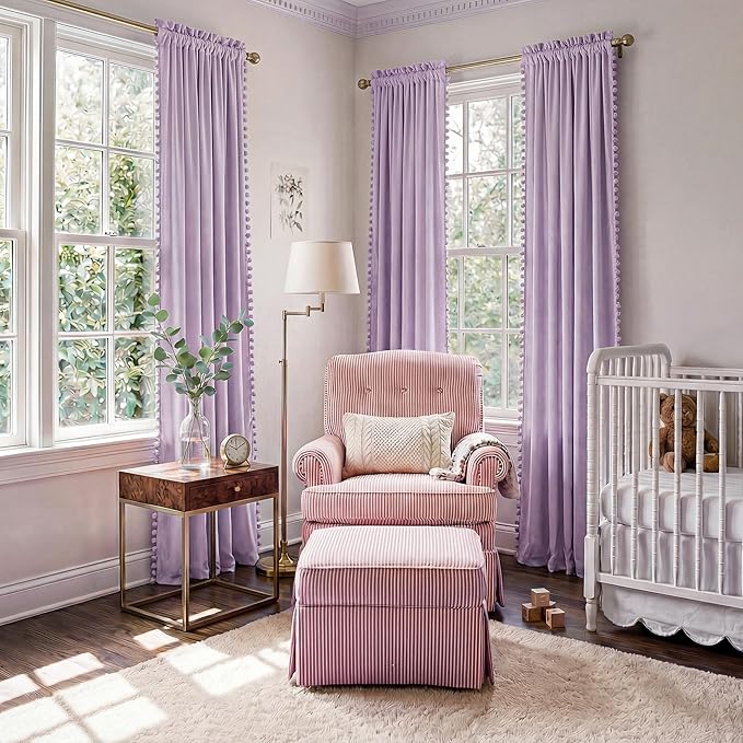 NICETOWN Lilac Purple Velvet Curtains 96 Inch Length (2 Panels) – Pom Pom Room Darkening Drapes for Nursery & Kids Room, Thermal Insulated Soft Window Treatments Whimsical Charm Decor