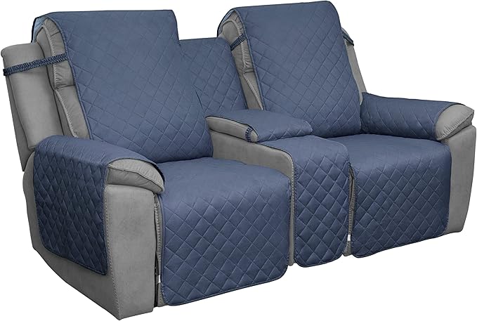 Easy-Going Loveseat Recliner Cover with Console, Reversible Couch Cover for Living Room, Split Sofa Cover for Each Seat with Elastic Straps for Kids, Dogs, Pets(2 Seater, Dark Blue/Light Blue)