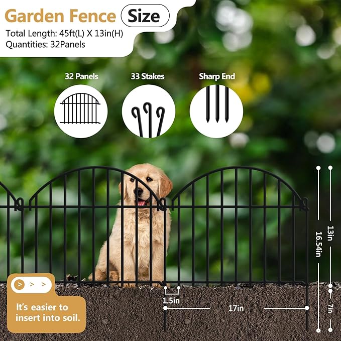32 Panels Garden Fence, 45ft x 20in Animal Barrier Fences for Rabbits Dogs, Rustproof Metal Gardens Border Fencing, Arched Decorative Flower Bed Edging Barriers for Outdoor Yard Patio