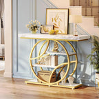 Huuger 41.3 Inch Entryway Table with Marble Top, Modern Console Sofa Table, Accent Table with Shelves, for Entry, Hallway, Entrance, Foyer, O-Shaped Metal Frame, White Marble & Gold