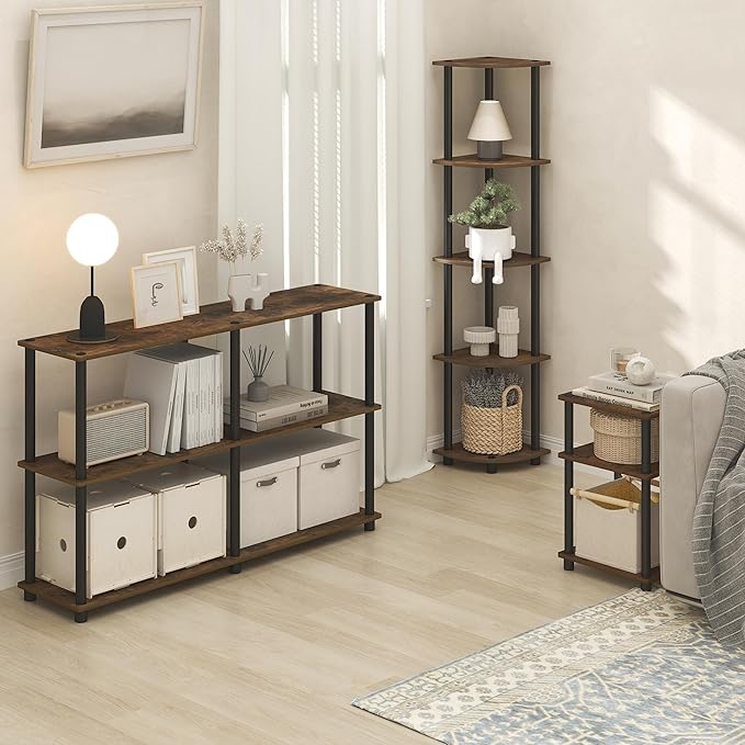 Furinno Turn-N-Tube Side Table, 3-Tier End Table with Open Shelf, Toolless Assembly Night Stand, Bedside Table, for Living Room, Bedroom, Amber Oak