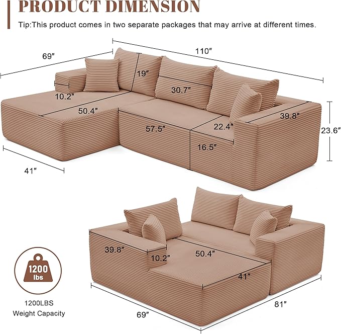 110” Cloud Sectional Couch, Modular Sectional Sofa for Living Room, Boneless Sofa with Deep Seat, Comfy Fluffy Couch with L-Shaped Chaise, No Assembly Required (Left-Facing Chaise, Camel)