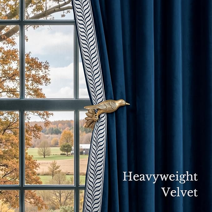 NICETOWN Rod Pocket Embroidered Trim Velvet Curtains, 2 Panels, Navy Blue, Velvet Curtains 96 inches Long, Soft and Elegant Heavy Matt Solid Thermal Insulation Drapes for Bedroom, Living Room