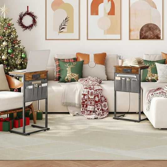 HOOBRO C Shaped End Table Set of 2 with Charging Station, 28" H Couch Side Tables for Small Spaces, Slide Under Sofa Tray Recliner Tables with Storage Bag for Living Room, Rustic Brown BF70USFP201