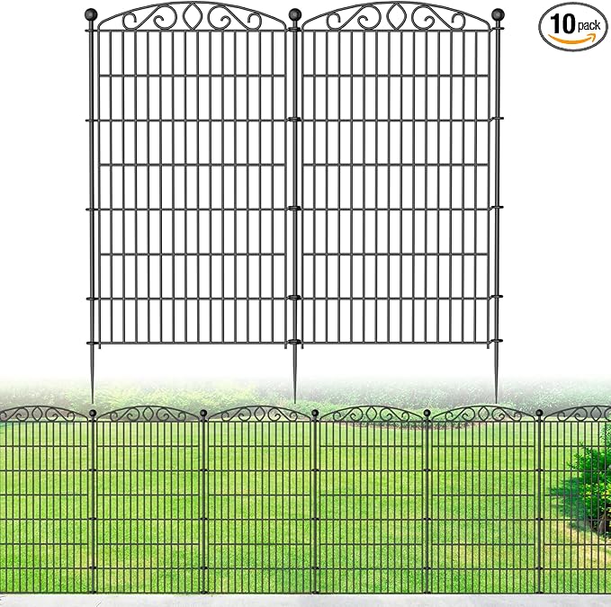 10 Panel No Dig Decorative Garden Fence - 48in H x 23.2 ft L, Tall Animal Barrier for Dogs Rabbits, Rustproof Metal Wire Panels for Yard, Patio, and Outdoor Border Use