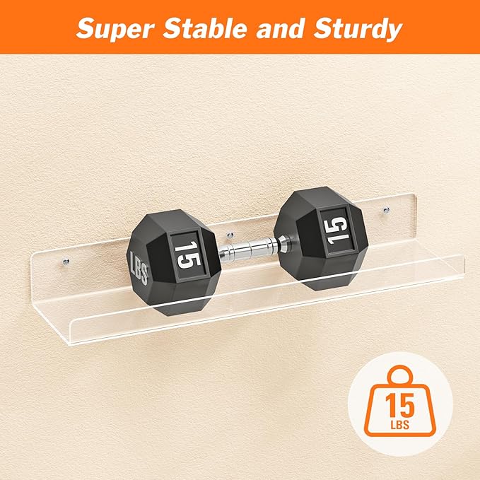 6 Pack Floating Shelves for Wall, 15" Clear Book Shelf, Acrylic Floating Wall Shelf, Display Shelves Organizer for Bathroom, Classroom, Bedroom, Living Room, Kitchen, Room Decor