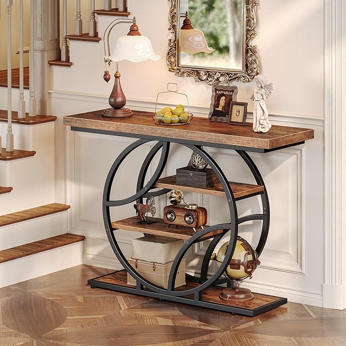 Huuger 41.3 Inch Entryway Table, Industrial Console Sofa Table with Storage, Accent Table with Shelves, for Entry, Hallway, Entrance, Foyer, O-Shaped Metal Frame, Rustic Brown