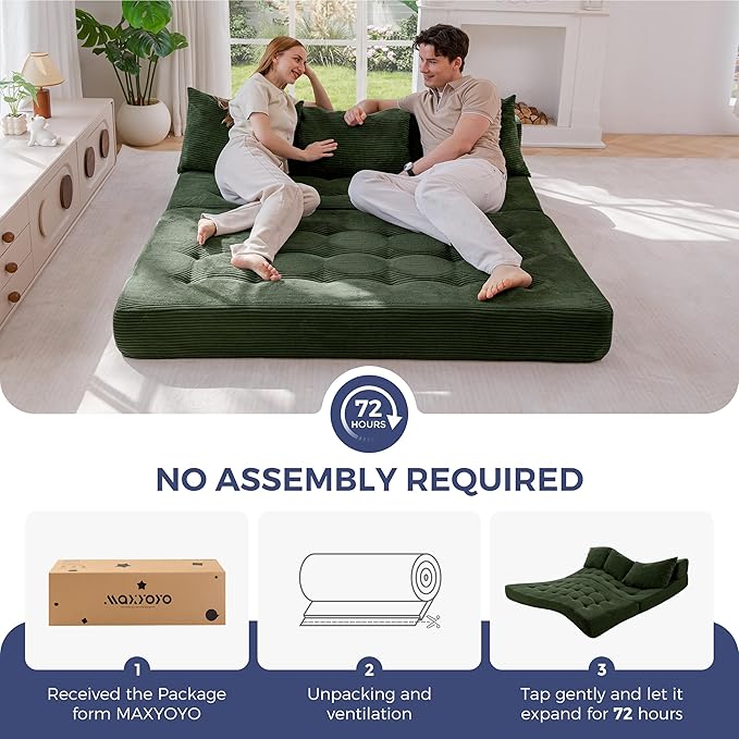MAXYOYO Folding Sofa Couch, Convertible Floor Sleeper Couch with 2 Pillows, Tufted Floor Oversized Loveseat Couch Tufted Fold Out Chair Bed Comfy Sofa Lounge for Living Room Bedroom, Dark Green