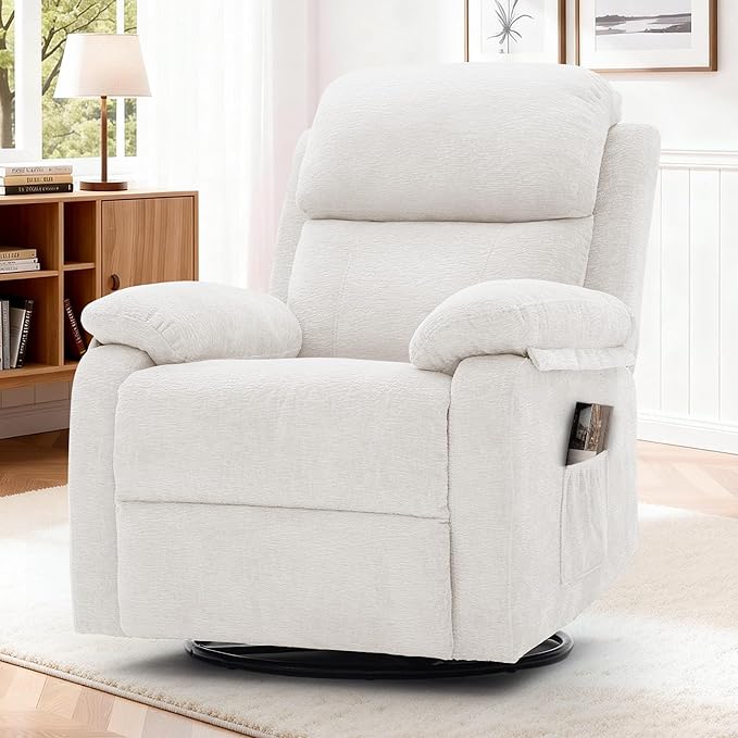 Recliner Chair, 360 Swivel Rocker Chair for Adults, Small Rocking Recliner Chair for Small Spaces, Upholstered Chenille Fabric Glider Recliner Nursery Chair with Side Pockets for Living Room