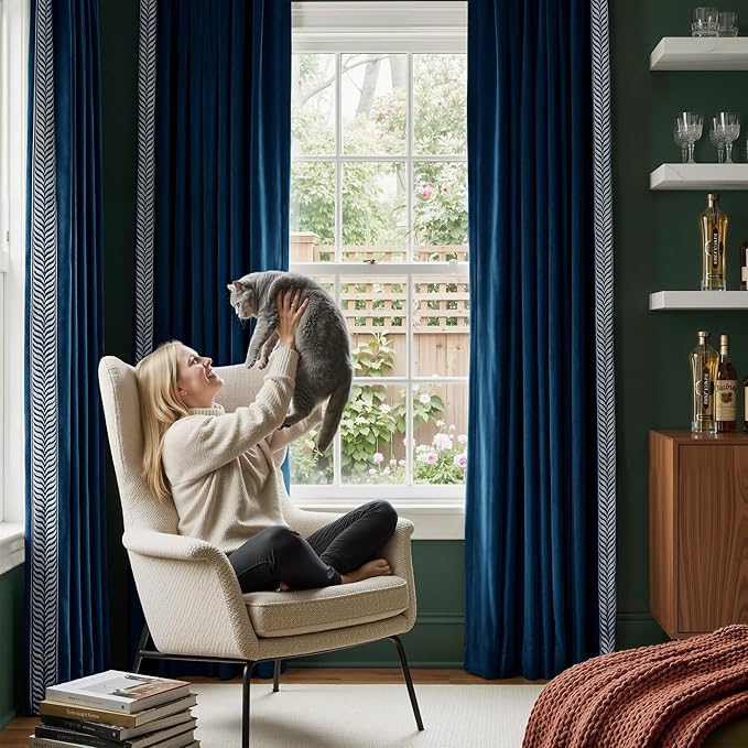 NICETOWN Rod Pocket Embroidered Trim Velvet Curtains, 2 Panels, Navy Blue, Velvet Curtains 96 inches Long, Soft and Elegant Heavy Matt Solid Thermal Insulation Drapes for Bedroom, Living Room