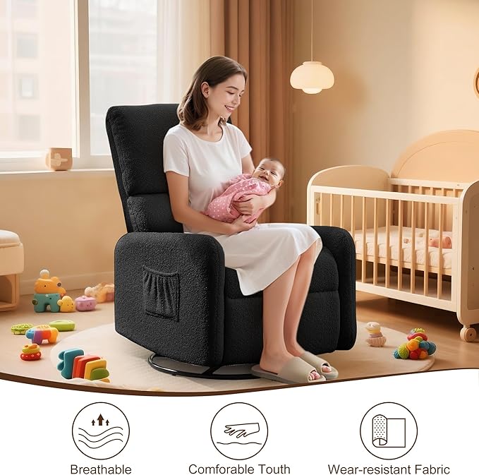 360° Rocking Chair, Nursery Rocker Chair with Side Pockets, Glider Nursing Chair with Steel Structure Base, Small Chair for Small Spaces, Sherpa Swivel Accent Chairs for Living Room, Nursing