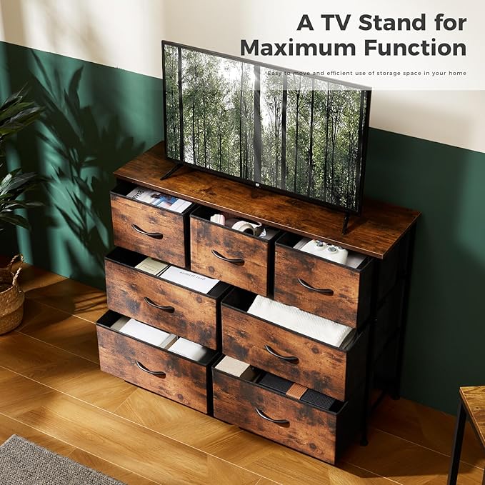 Dresser for Bedroom with 7 Drawers, Anti-Tip Wide Fabric Chests Storage Organizer Tower Furniture, TV Stand for TV up to 45 inch with Wooden Top Metal Frame for Clothes, Living Room, Hallway, Entryway