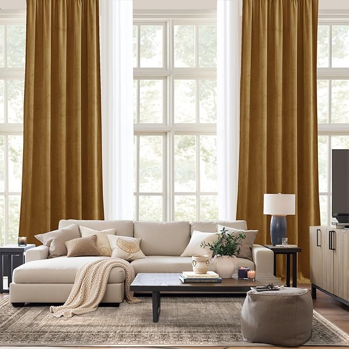 NICETOWN Gold Brown Velvet Curtains for Living Room 84 inches Long, Thick Warm and Smooth Energy Saving Room Darkening Vintage Home Decor, 2 Pieces, 52" W by 84" L