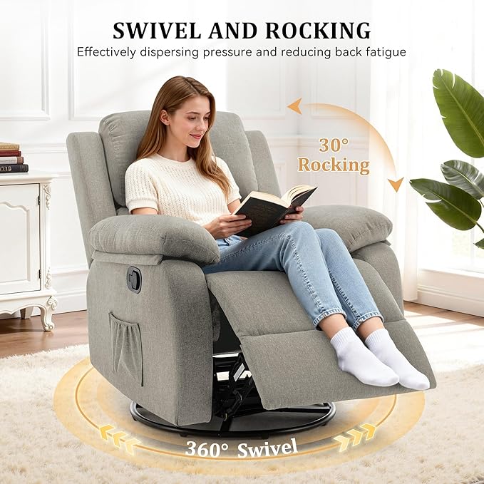 Recliner Chair, 360 Swivel Rocker Chair for Adults, Small Rocking Recliner for Small Spaces, Upholstered Fabric Glider Recliner Nursery (Swivel Rocker Recliner, Light Khaki)