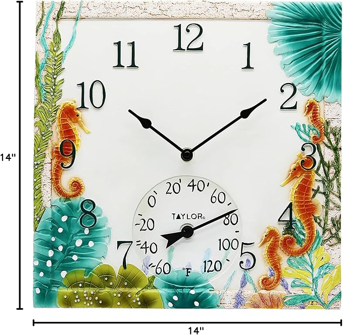 Taylor Seahorse Poly Resin Indoor and Outdoor Clock and Thermometer, Home Decor for Garden, Patio, Pool, and Indoor Areas, 14-inch, Multi-Color