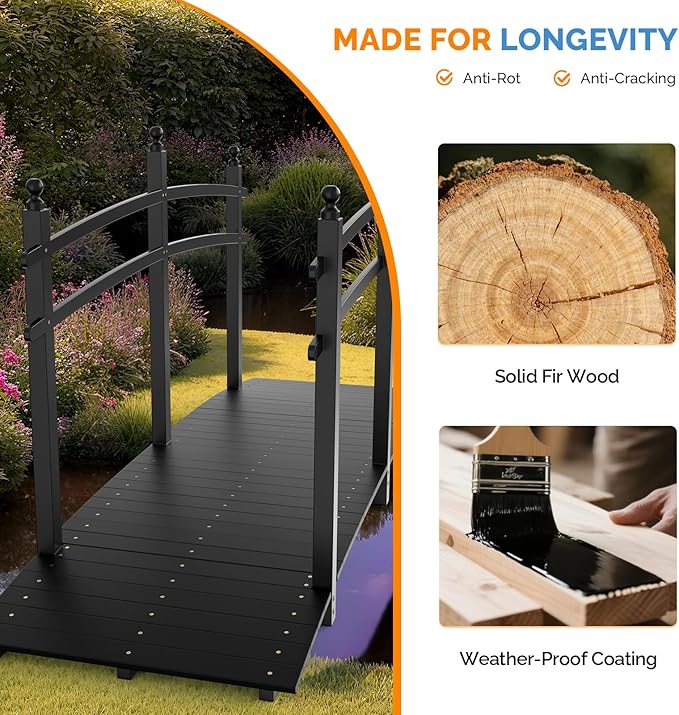 VINGLI Garden Bridge, Classic Wooden Bridge with Safety Rails, Decorative Arhced Footbridge for Patio Pond, Creek, Pathway (Black, 7.5 ft)