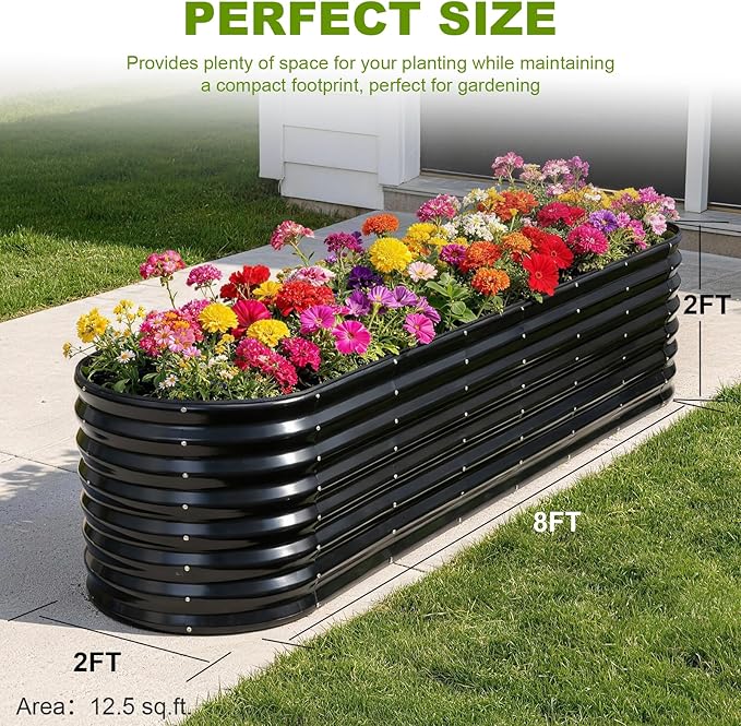 24" Tall Galvanized Raised Garden Bed Outdoor, 8x2x2ft Deep Metal Planter Box with Safety Edging & Support Bars, Large Oval Raised Beds for Gardening Plants Vegetables Herbs Flowers (Dark Grey)