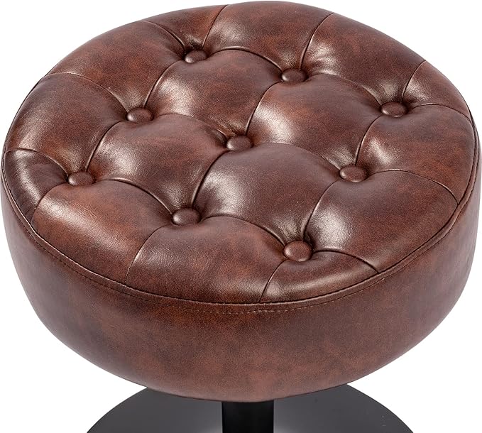 Furniliving Mid-Century Tufted Adjustable Swivel Makeup Ottoman Stool; Modern Big Size Round Vanity Stool Chair for Bedroom Living Room (Darkbrown)