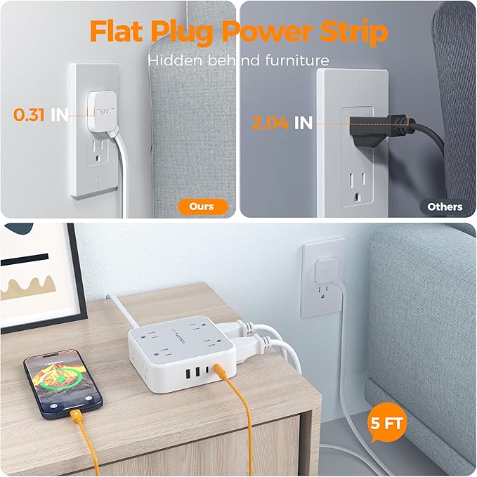 TESSAN Surge Protector Power Strip, 5 Ft Flat Plug Extension Cord with 4 USB (2 USB C) 8 Outlets, 1250W, 900J Protection, 3 Sided Outlet Extender with Power Switch for Office, Dorm Room, Grey