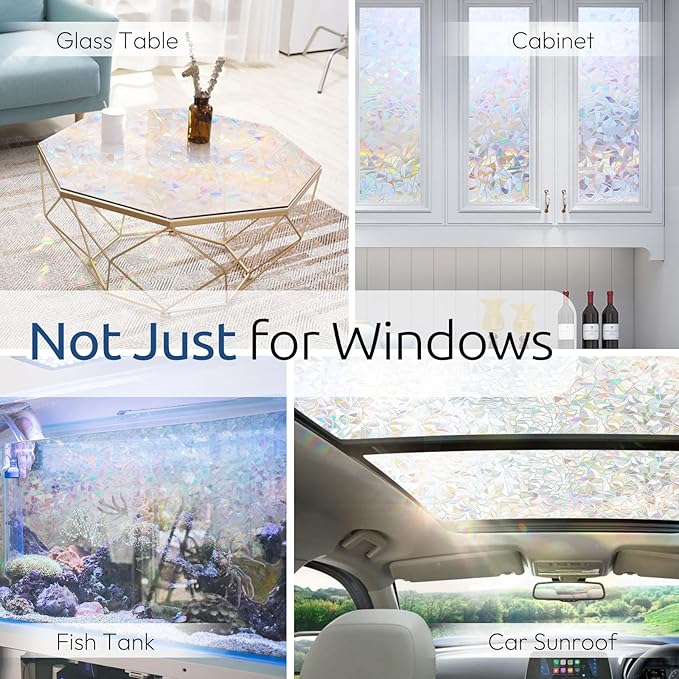 rabbitgoo Window Privacy Film Rainbow Film Decorative Window Sticker, 3D Static Stained Glass Cling Tint for Home Heat Control Non-Adhesive, 35.4 x 118.1 inches