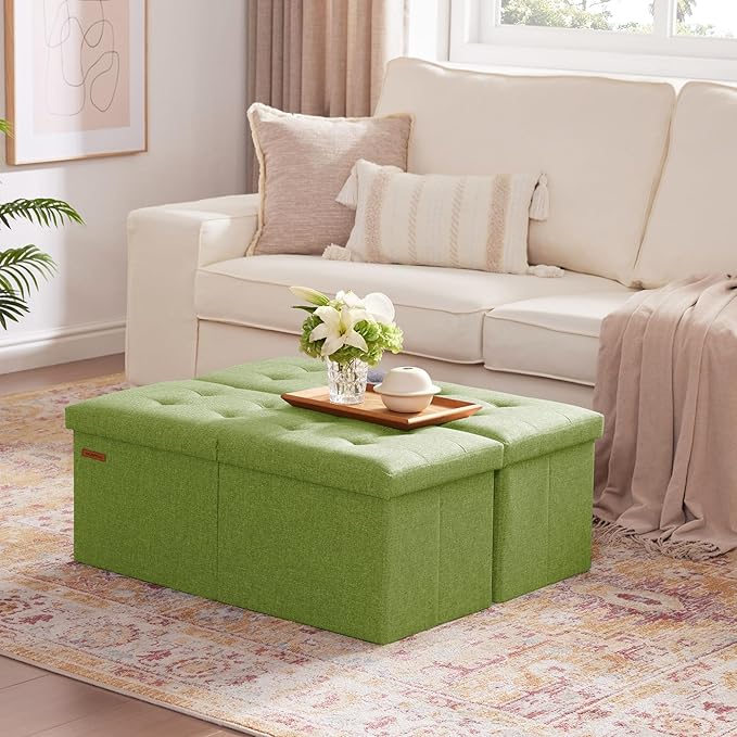 HAUSFRAU 31.5 Inches Ottoman with Storage Bench, Folding Ottoman Bench Small Foot Rest Stool, Bedroom Bench with Flipping Lid, Linen Avocado