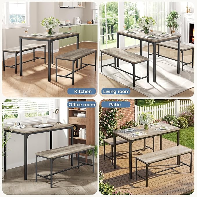 DUMOS Dining Table, Dining Table Set for 4 with Bench, Easy to Assemble Kitchen Table, Space-Saving Ideal 4-Person Set for Dining Room Kitchen Apartment Corner Grey 3 Pack
