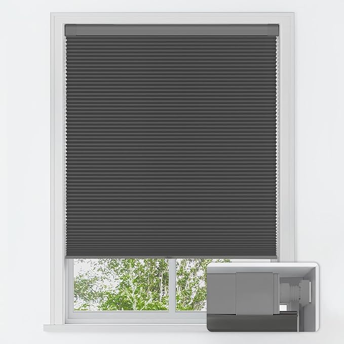 LazBlinds No Tools No Drill Cordless Cellular Shades, Blackout Light Blocking Honeycomb Shades for Home, Thermal Insulation Blinds for Windows, 25" W x 48" H, Black