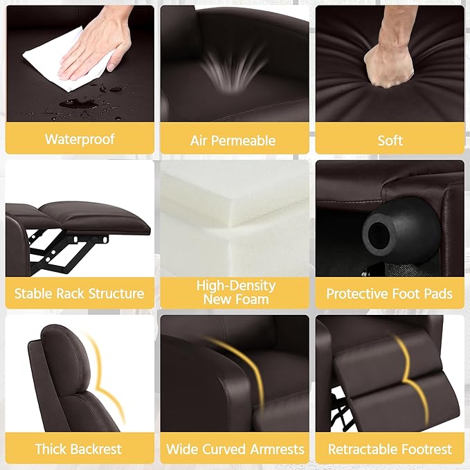 Yaheetech Recliner Chair Faux Leather Recliner Sofa Adjustable Modern Seat Club Chair Home Theater Seating Brown