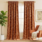 NICETOWN Burnt Orange Velvet Curtains 96" Long with Gold Foil Leaf Print – Mid-Century Modern Terracotta Drapes for Living Room, Luxury Vintage Rust Window Treatments for Holiday Decor, 2 Panels
