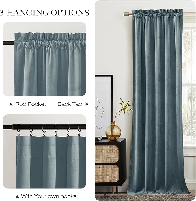 NICETOWN Stone Blue Velvet Room Darkening Curtains, Home Decor Light Blocking Thermal Insulated Drapes for Theater and Movie Room (Set of 2, 120 inches Long)
