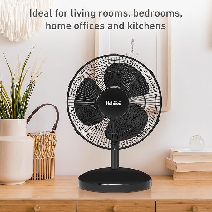 Holmes 12 Inch Oscillating Table Fan 3 Speeds 75 Degree Wide Angle Oscillation Adjustable 15 Degree Tilt Quiet Operation Home Office Bedroom Kitchen Black