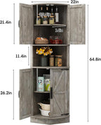 Vabches 64.8" Tall Farmhouse Corner Cabinet with 4 Doors and 5 Storage Shelves, Farmhouse Storage Cabinet with Barn Door Design, Home Space Saver for Living Room, Kitchen, Laundry Room,Grey