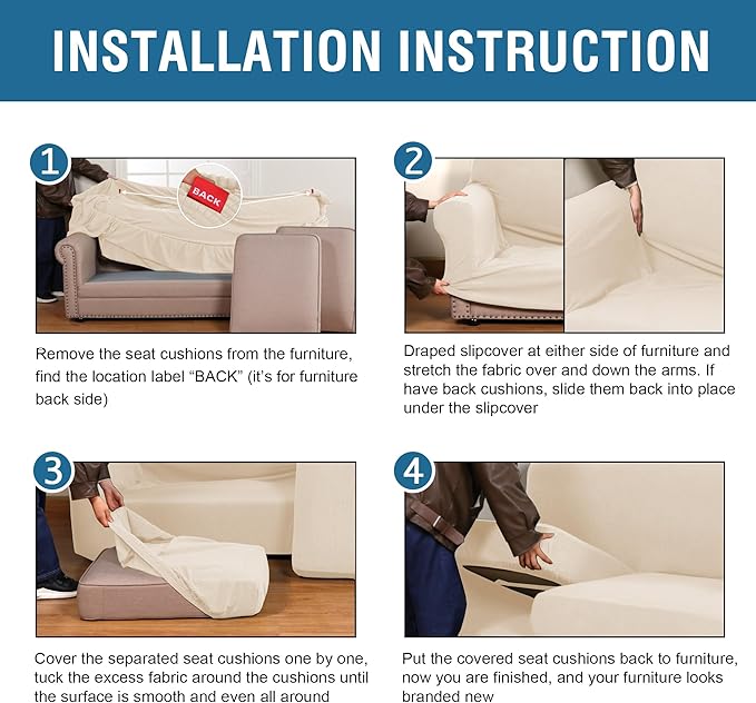H.VERSAILTEX 4 Piece Stretch Sofa Covers for 3 Cushion Couch Furniture Slipcovers for Living Room (1 Base Cover Plus 3 Seat Cushion Covers) Jacquard Fabric Cover (XL Sofa, Cream)
