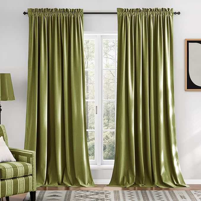 NICETOWN Moss Green Velvet Drapes 120 inch Long for Living Room - Room Darkening Thermal Insulated Noise Reducing Curtains for Film, Extra Long Drapes for Large Door Windows (2 Panels, 52 x 120),