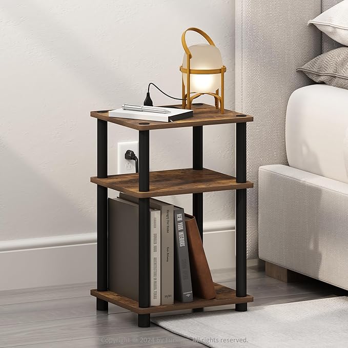 Furinno JUST Night Stand, 3-Tier Turn-N-Tube Nightstand with Charging Station, Bedside Table, End Table, Side Table with USB and Type-C Charging Port, for Bedroom, Closet, Dorm, Amber Pine
