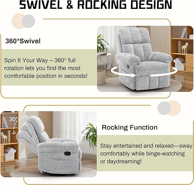 Recliner Chair, Swivel Rocker Recliner Chair for Adults, Small Recliners for Small Spaces, Manual Recliner Chair with Side Pockets, Nursery Rocking Chair for Living Room, Chenille, Silver Grey