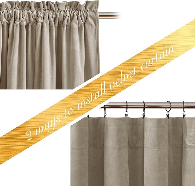 NICETOWN Camel Velvet Curtains 72 Inch Long 52 Wide, Room Darkening Temp Balance Drapes for Living Room Farmhouse Style Window Treatment for Apartment