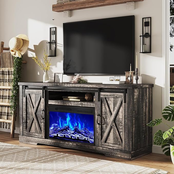 AMERLIFE Fireplace TV Stand with Sliding Barn Door for TVs up to 73", Farmhouse 63" Fireplace Entertainment Center with Storage Cabinets/Adjustable Shelves, Dark Rustic Oak