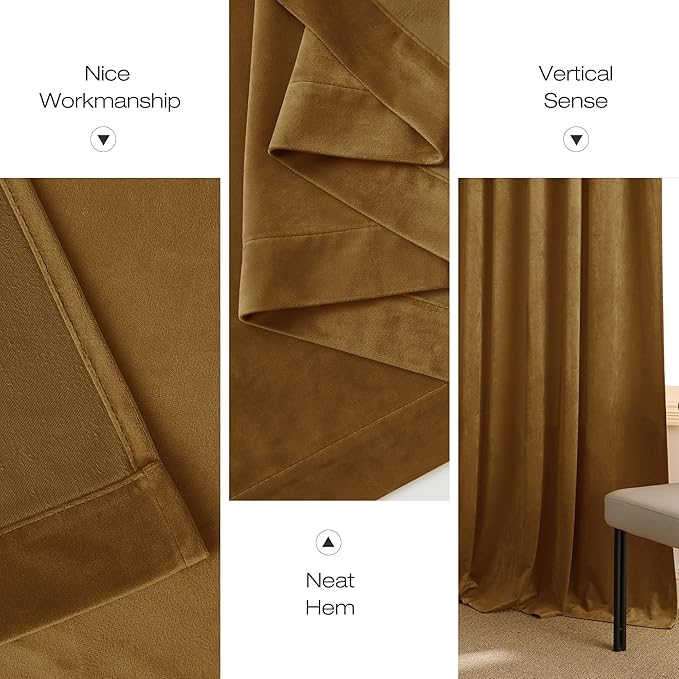 NICETOWN Gold Brown Velvet Curtains 2 Panels, 52" Wide x 96" Long, Luxury and Soft Backdrops for Bedroom and Living Room, Extra Long Window Drapes for Large Sliding Door