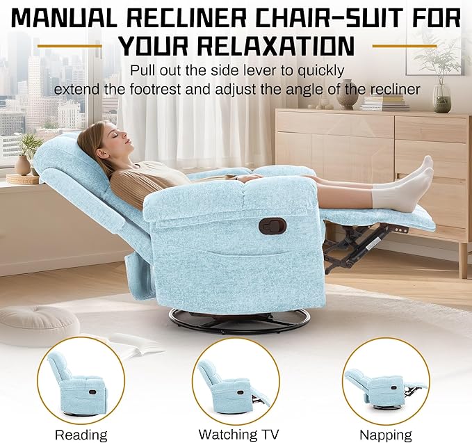 Recliner Chair, Swivel Rocker Recliner Chair for Adults, Small Recliners for Small Spaces, Manual Recliner with Side Pockets, Upholstered Nursery Rocking Chair for Living Room, Chenille, Blue