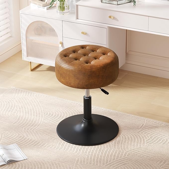 Furniliving Faux Leather Makeup Vanity Stool, Mid-Century Tufted Adjustable Swivel Ottoman Stool Modern Big Size Round Accent Chair for Living Room Bedroom Bathroom, YellowBrown