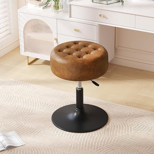 Furniliving Faux Leather Makeup Vanity Stool, Mid-Century Tufted Adjustable Swivel Ottoman Stool Modern Big Size Round Accent Chair for Living Room Bedroom Bathroom, YellowBrown
