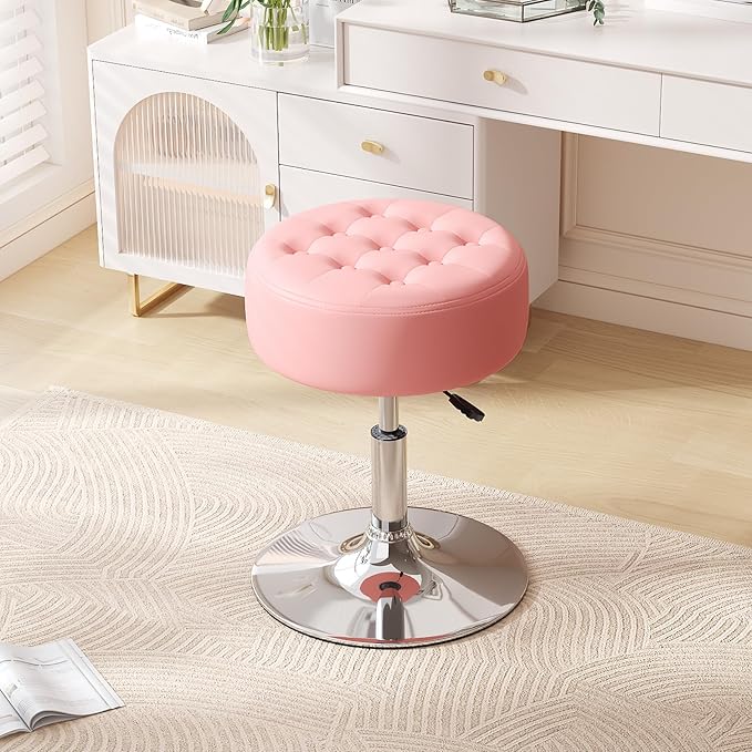 Furniliving Mid-Century Velvet Tufted Makeup Ottoman Stool, 360° Swivel Adjustable Vanity Stool Modern Big Size Vanity Chair Stools for Living Room Bedroom Bathroom, Pink