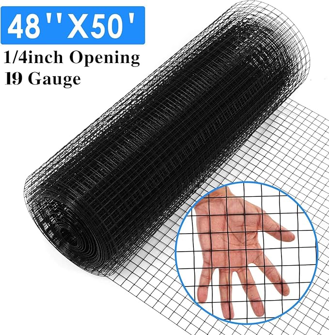 48'' x 50' 1/4inch Hardware Cloth 19 Gauge Black Vinyl Coated Welded Fence Mesh for Home and Garden Fence and Home Improvement Project (48'' x 50')