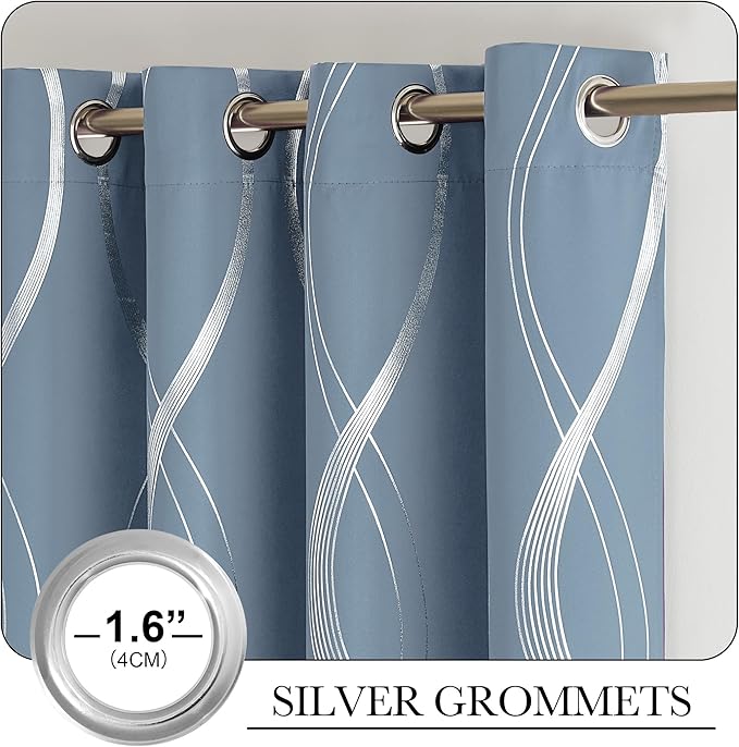 NICETOWN Vintage Blue Foil Print 90 inch Long Curtains for Elegant Home Decoration, Wave Silver Line Design Drapes Light Filtering, W52 x L90, 2 Panels
